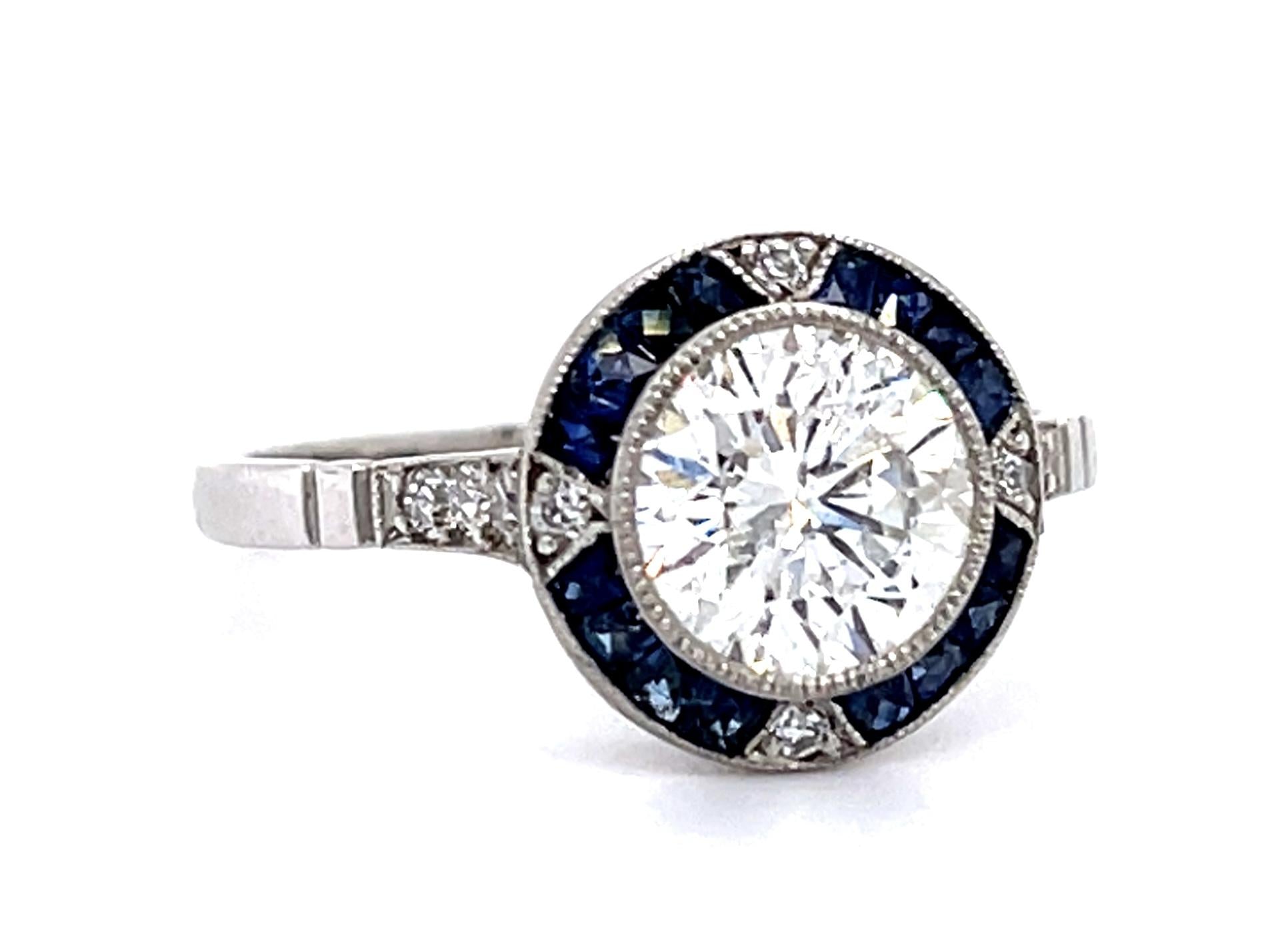 1.34ct Round Diamond .60ct Sapphire PT Handmade Ring .10ct SD