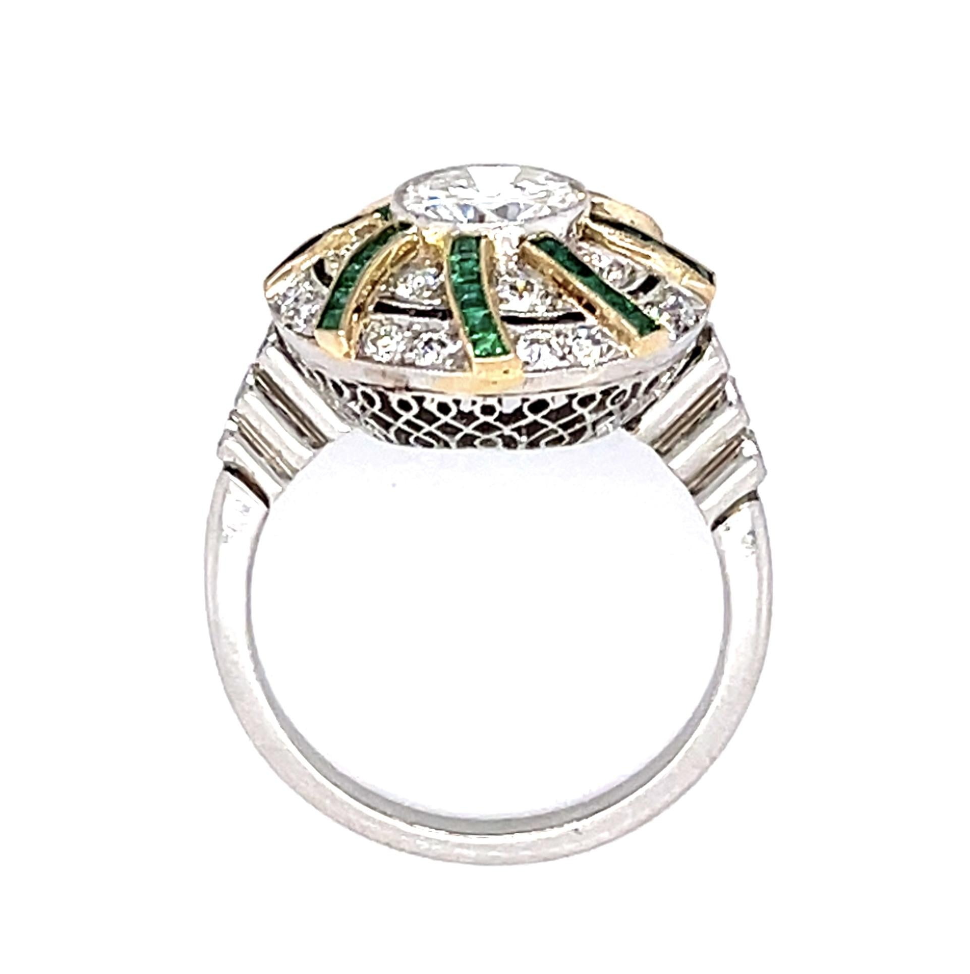 1.04ct Round Diamond .80ct Emerald PT Handmade Ring .84ct SD