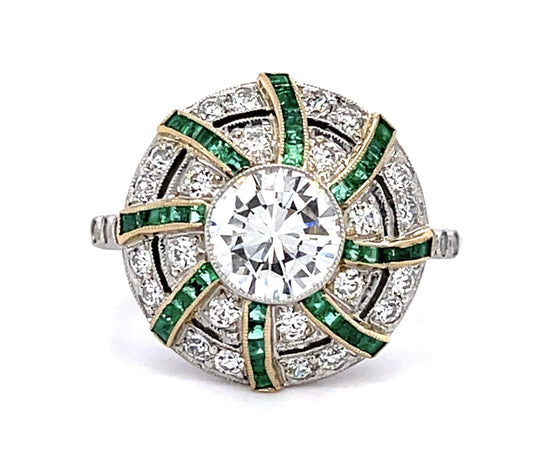 1.04ct Round Diamond .80ct Emerald PT Handmade Ring .84ct SD