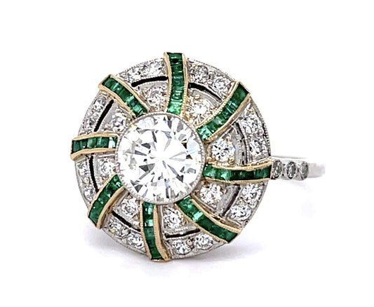 1.04ct Round Diamond .80ct Emerald PT Handmade Ring .84ct SD