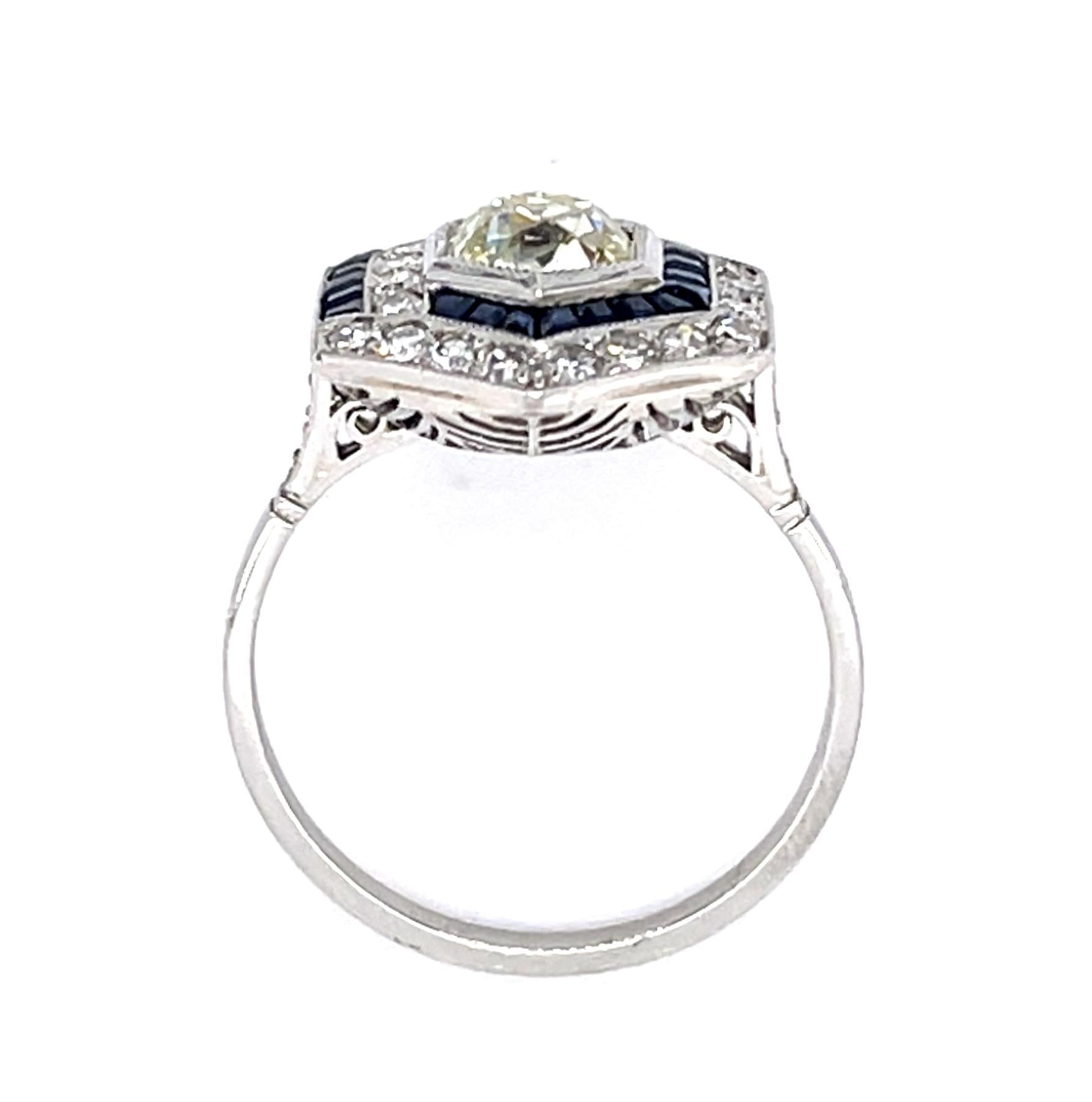 .97ct Old Mine Diamond 1ct Sapphire Platinum Handmade Ring .70ct SD