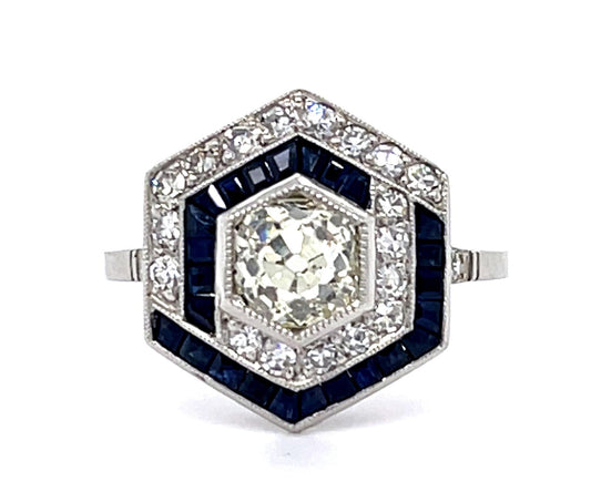 .97ct Old Mine Diamond 1ct Sapphire Platinum Handmade Ring .70ct SD