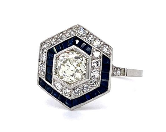 .97ct Old Mine Diamond 1ct Sapphire Platinum Handmade Ring .70ct SD