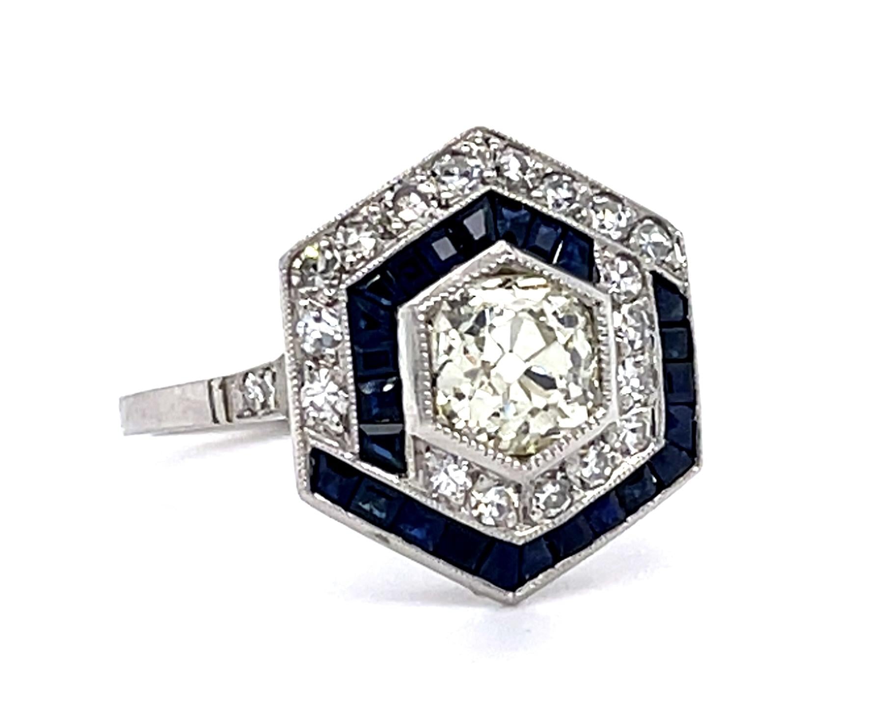 .97ct Old Mine Diamond 1ct Sapphire Platinum Handmade Ring .70ct SD