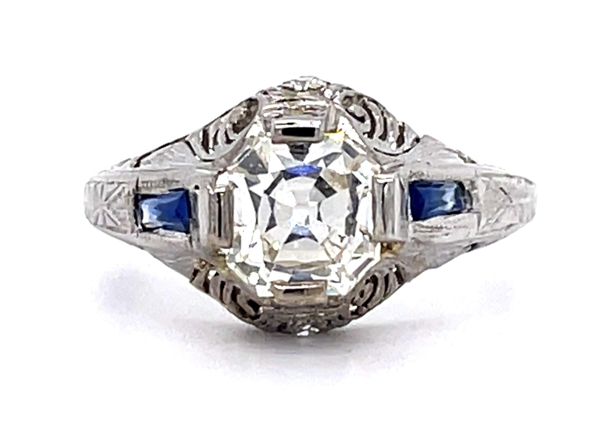 Art Deco 1.21ct Old Mine Diamond .30ct Sapphire PT Ring (Vintage 1930s)