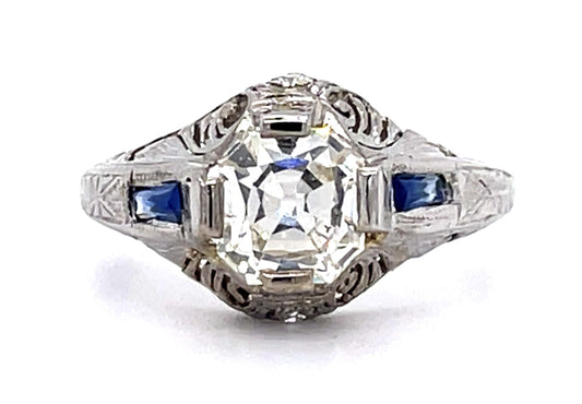 Art Deco 1.21ct Old Mine Diamond .30ct Sapphire PT Ring (Vintage 1930s)