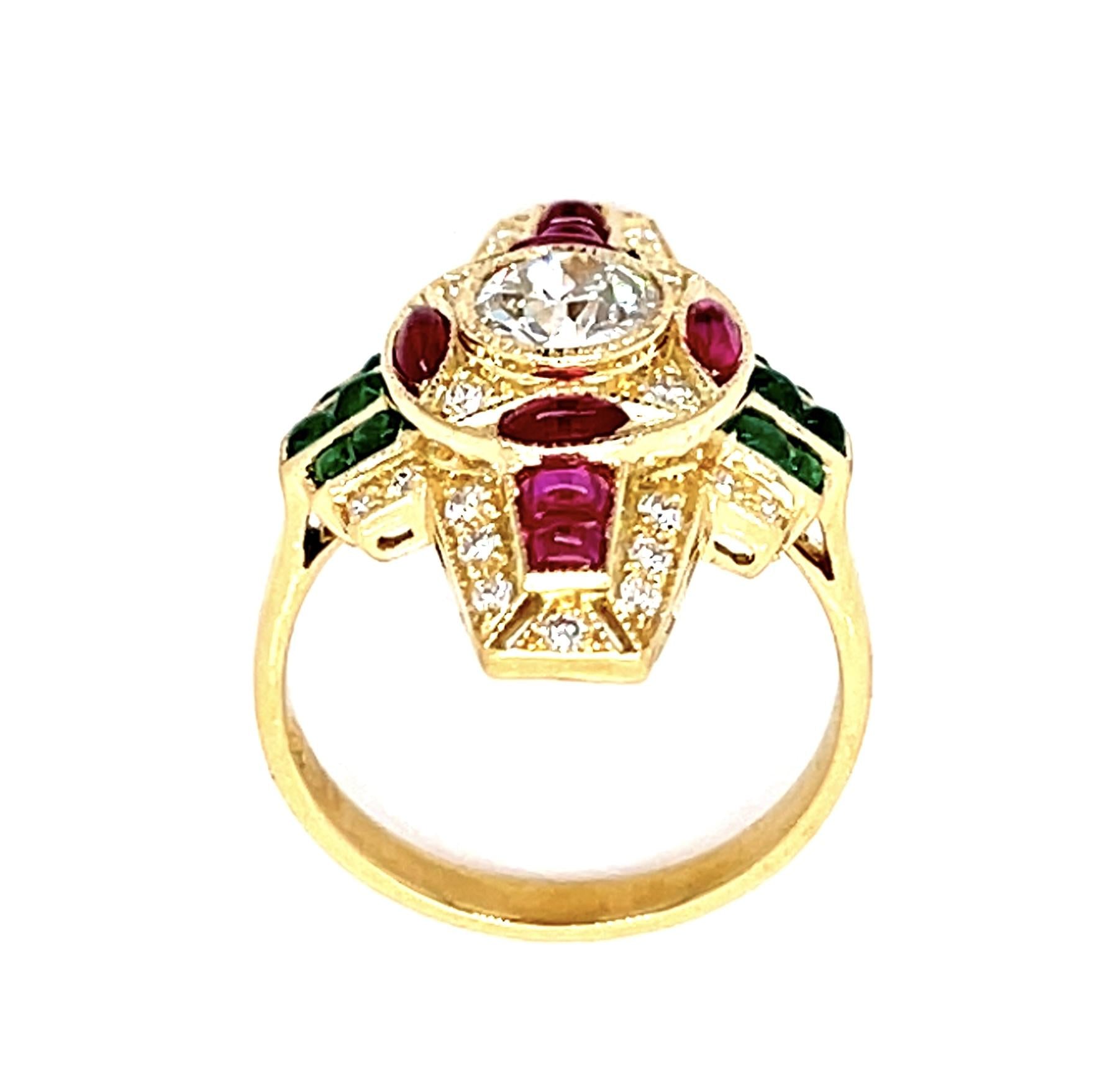 .55ct Old European Center Diamond 1.20ct Ruby .80ct Emerald 18KY Ring .25ct SD