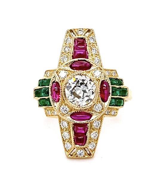 .55ct Old European Center Diamond 1.20ct Ruby .80ct Emerald 18KY Ring .25ct SD