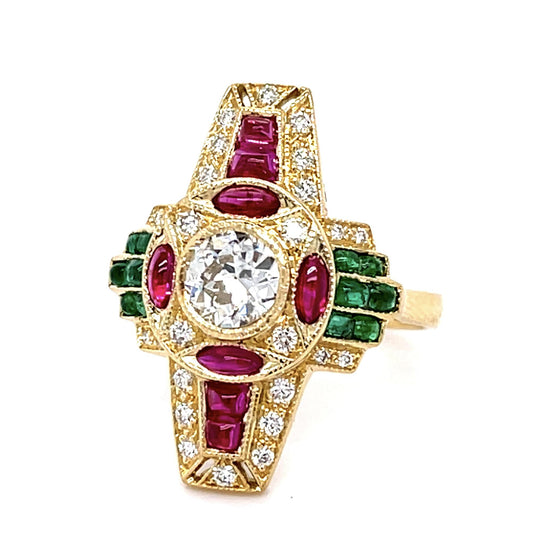 .55ct Old European Center Diamond 1.20ct Ruby .80ct Emerald 18KY Ring .25ct SD