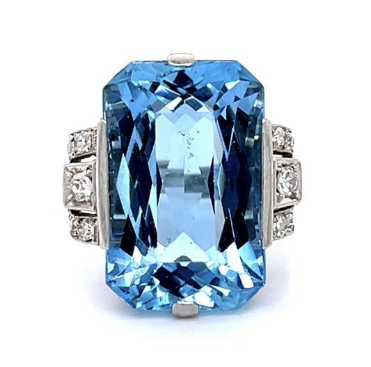 Original Art Deco 16ct Aquamarine .46ct Diamond PT Handmade Ring (Vintage 1930s)