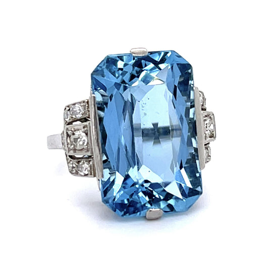 Original Art Deco 16ct Aquamarine .46ct Diamond PT Handmade Ring (Vintage 1930s)