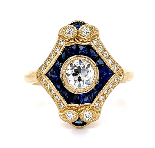 .44ct Old European Center Diamond 1.60ct Sapphire 18KY Ring