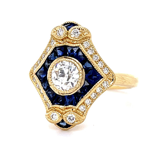 .44ct Old European Center Diamond 1.60ct Sapphire 18KY Ring