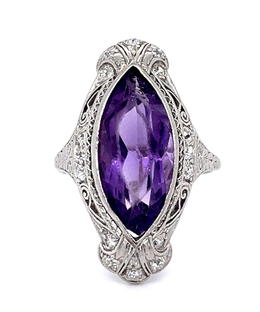 Original Art Deco 11ct Amethyst .40ct Diamond PT Handmade Ring (Vintage 1930s)