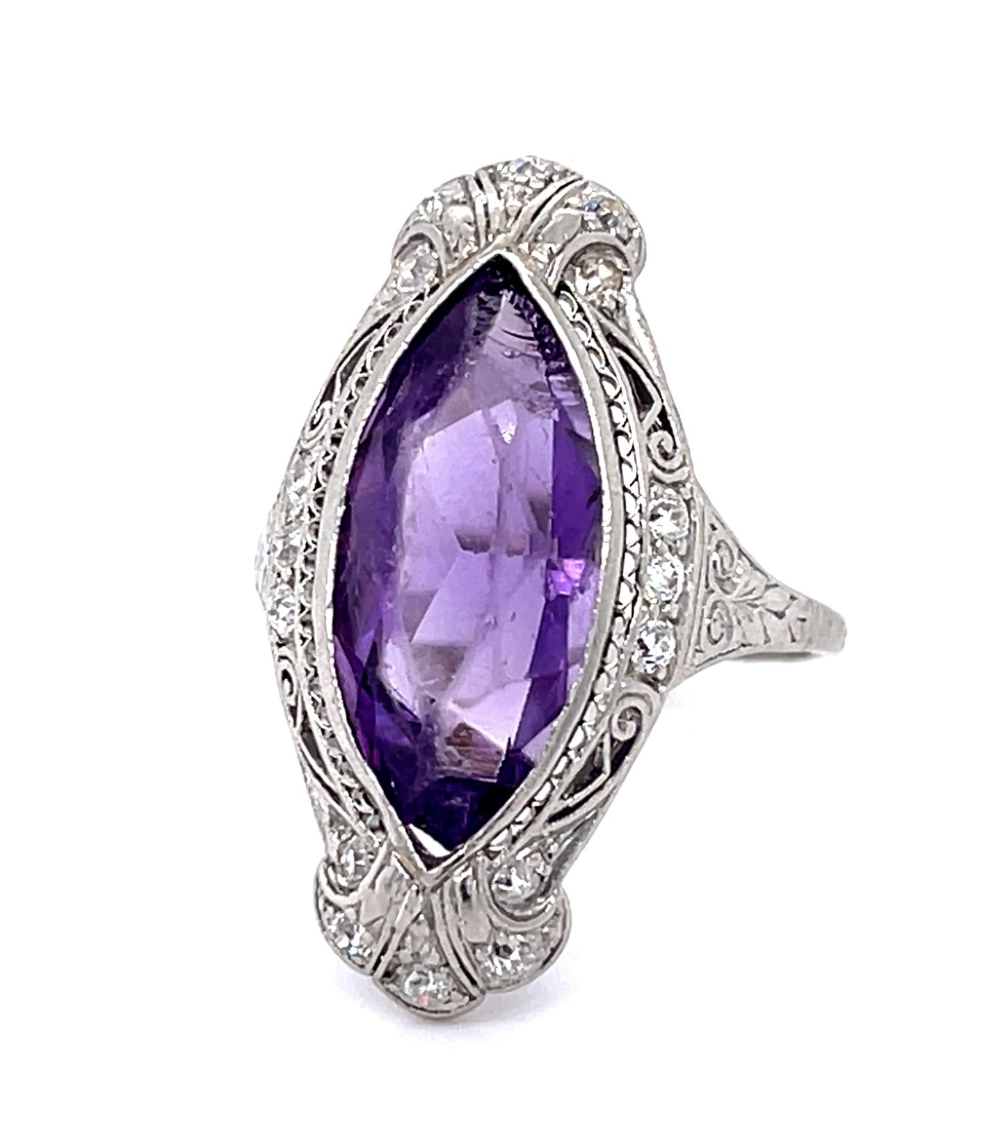 Original Art Deco 11ct Amethyst .40ct Diamond PT Handmade Ring (Vintage 1930s)