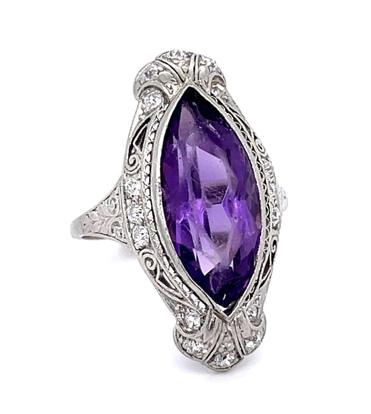 Original Art Deco 11ct Amethyst .40ct Diamond PT Handmade Ring (Vintage 1930s)