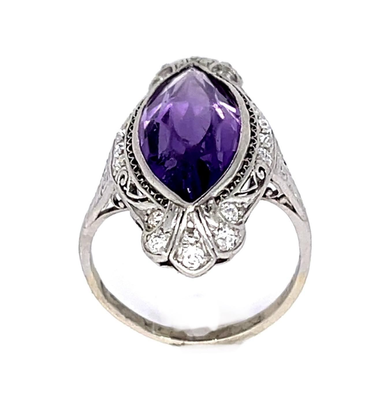 Original Art Deco 11ct Amethyst .40ct Diamond PT Handmade Ring (Vintage 1930s)