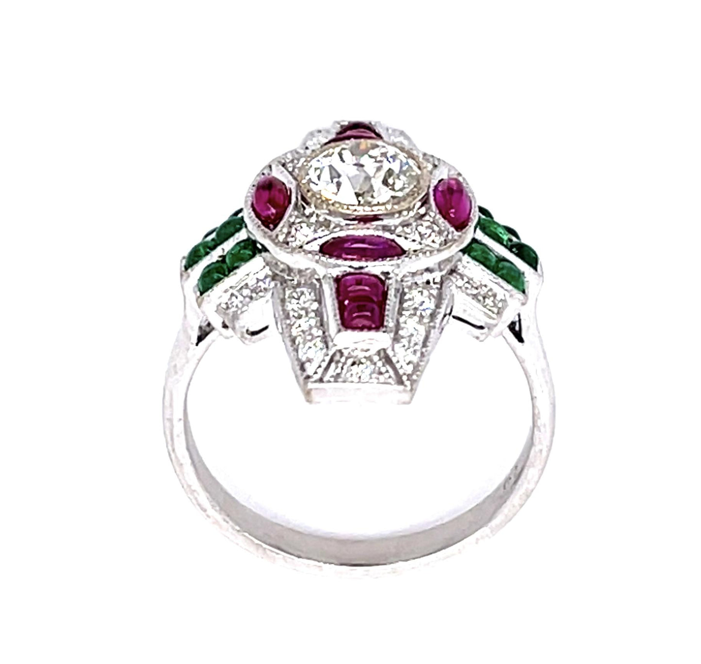 .68ct Old European Center Diamond 1.20ct Ruby .80ct Emerald 18KW Ring