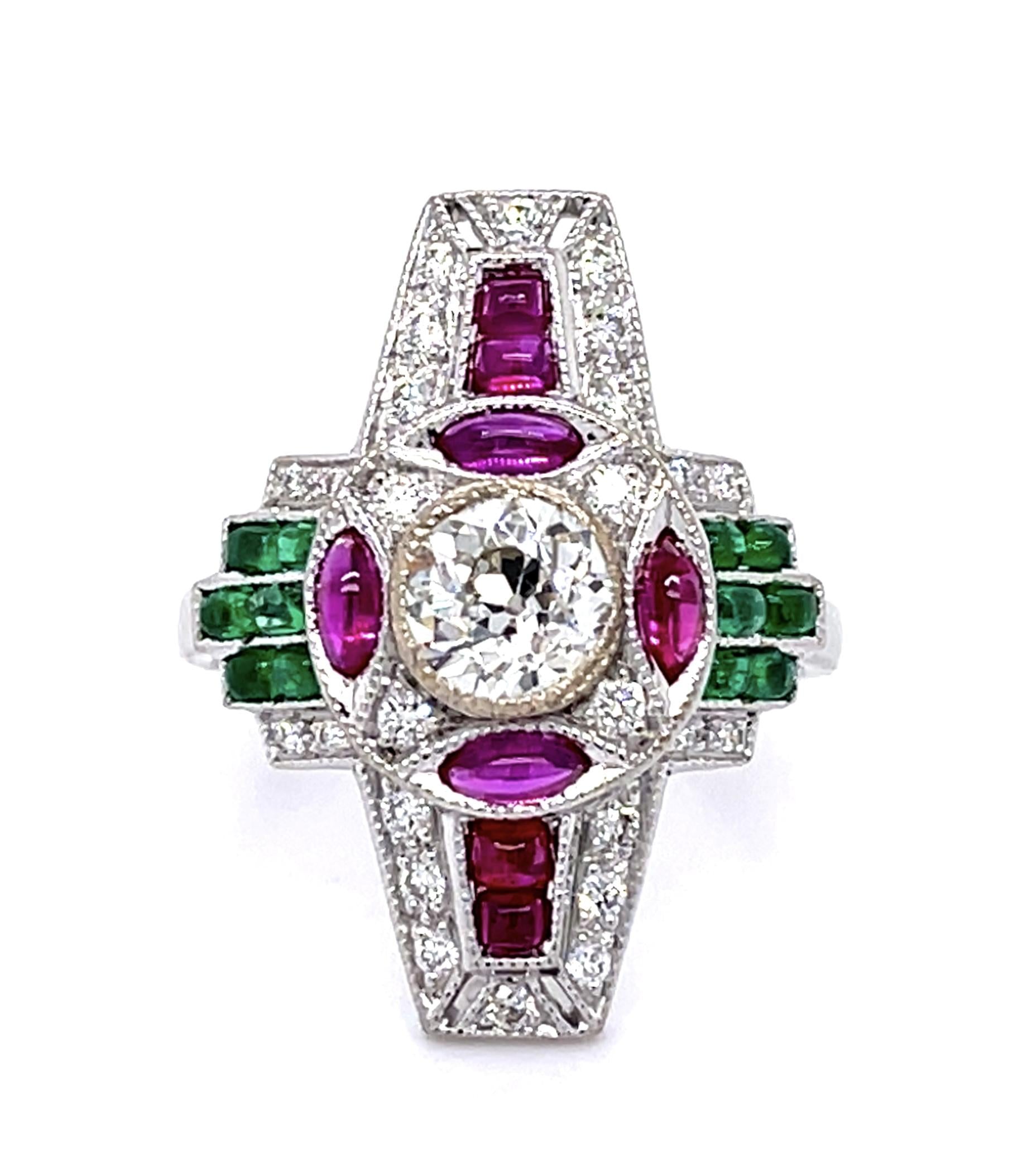 .68ct Old European Center Diamond 1.20ct Ruby .80ct Emerald 18KW Ring