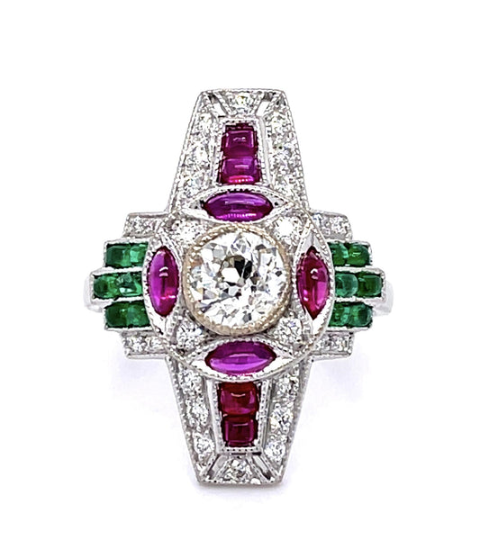 .68ct Old European Center Diamond 1.20ct Ruby .80ct Emerald 18KW Ring