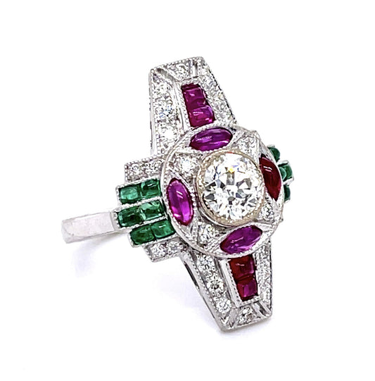 .68ct Old European Center Diamond 1.20ct Ruby .80ct Emerald 18KW Ring