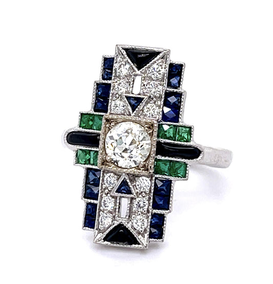 .54ct Old European Diamond 1.30ct Sap .50ct Eme Onyx 18KW Handmade Ring