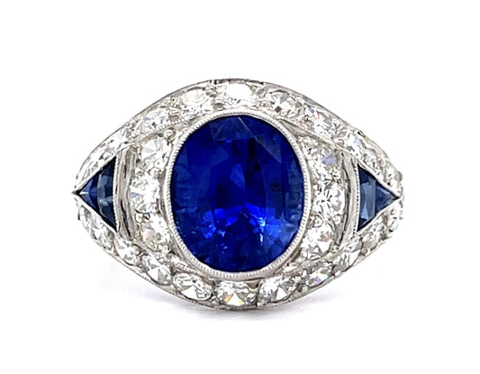 3.56ct GIA Heated Sapphire 1.70ct Diamond Platinum Ring .85ct Side Sap