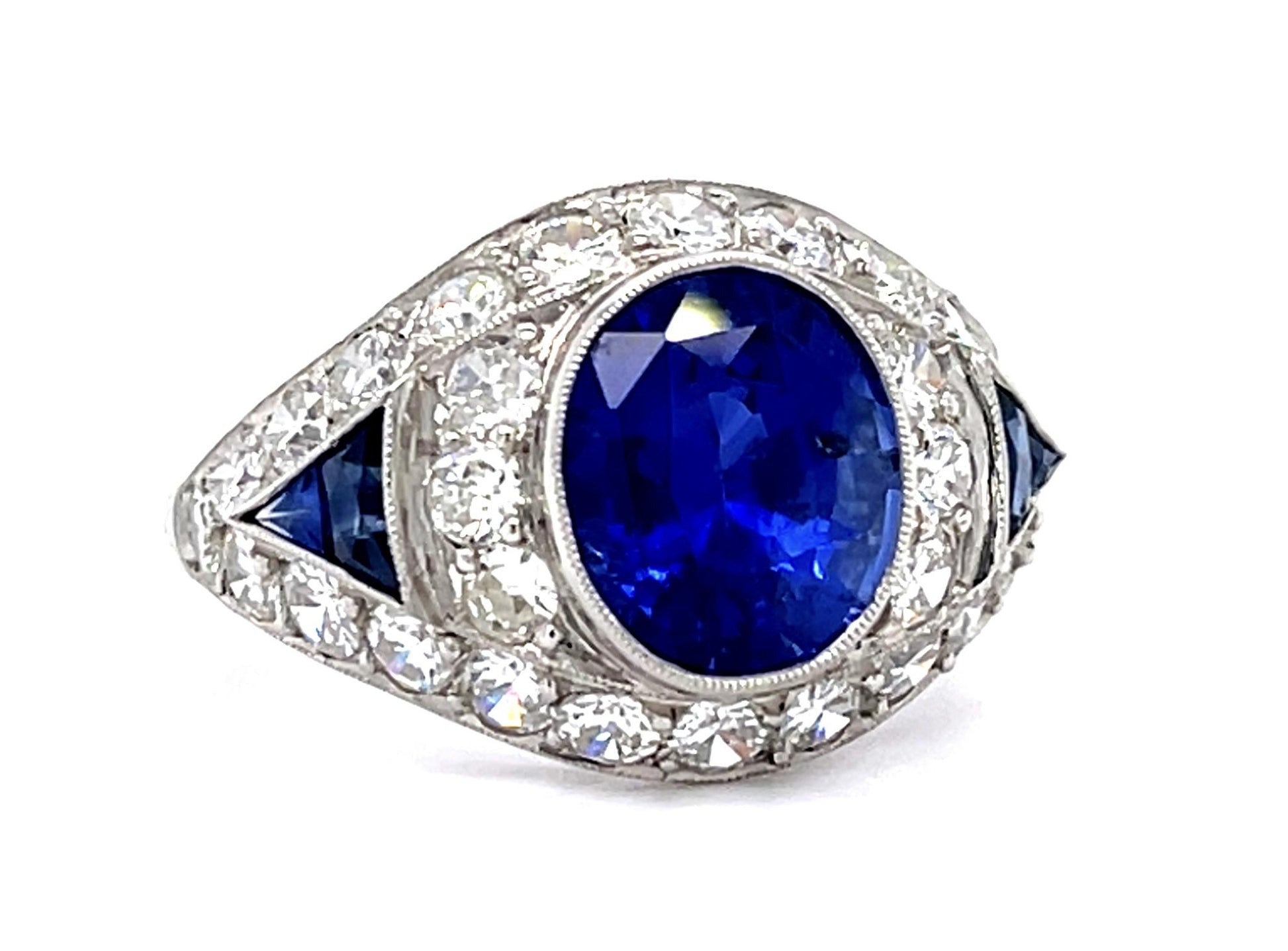 3.56ct GIA Heated Sapphire 1.70ct Diamond Platinum Ring .85ct Side Sap