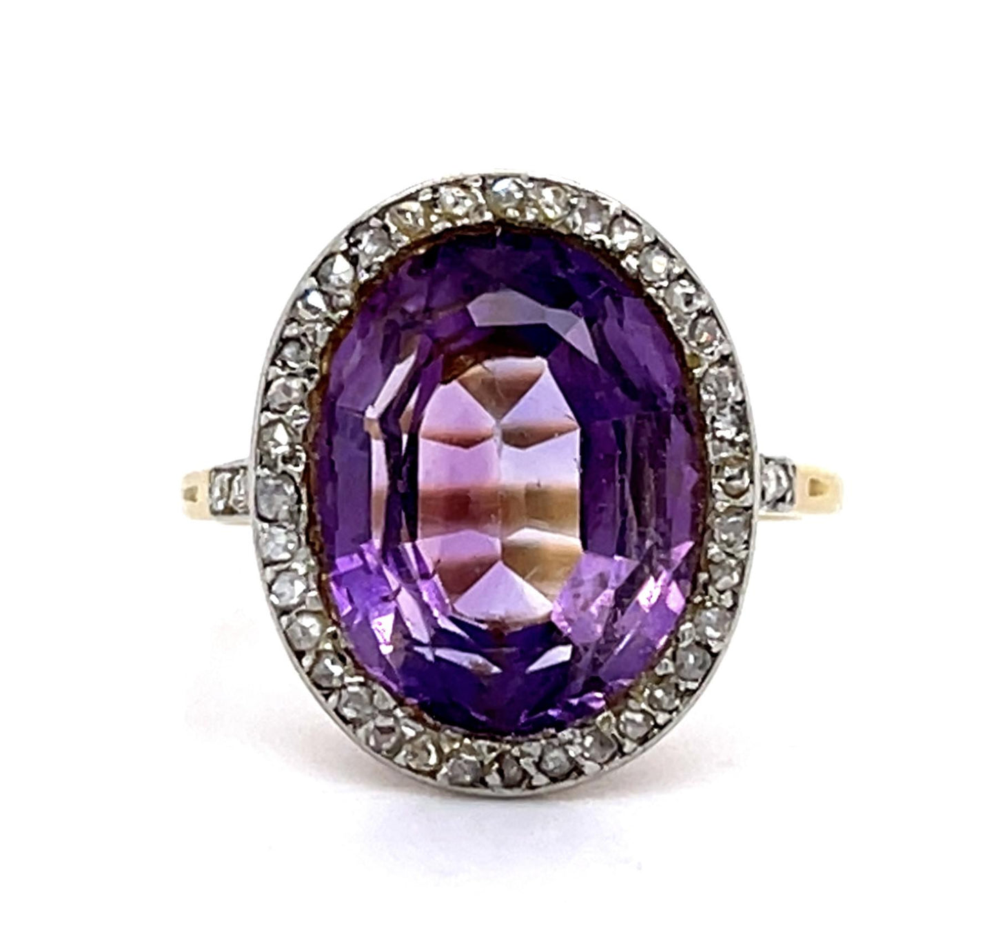 French Edwardian 5ct Amethyst .86ct Rose Diamond Platinum over 14KY Ring
