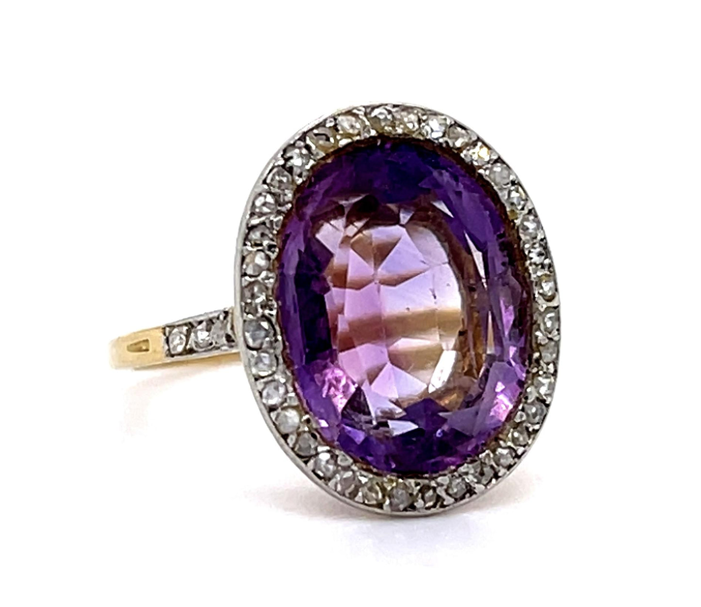 French Edwardian 5ct Amethyst .86ct Rose Diamond Platinum over 14KY Ring
