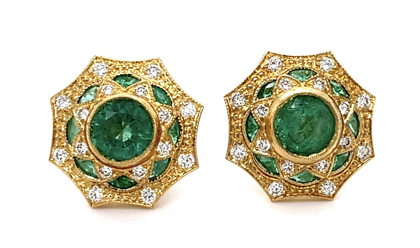 1.86ct Emerald .43ct Diamond 18KY Stud Earrings 1.90ct Side Eme