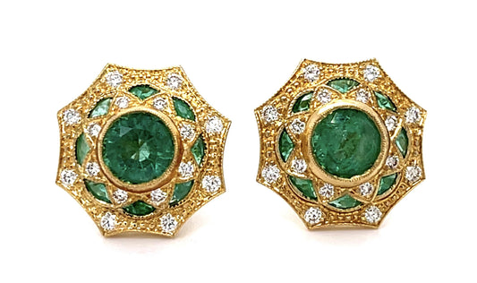 1.86ct Emerald .43ct Diamond 18KY Stud Earrings 1.90ct Side Eme