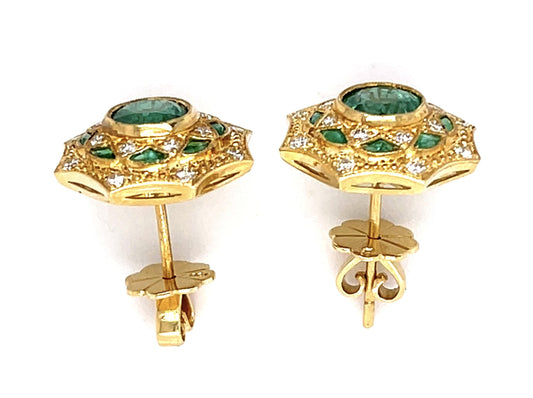 1.86ct Emerald .43ct Diamond 18KY Stud Earrings 1.90ct Side Eme