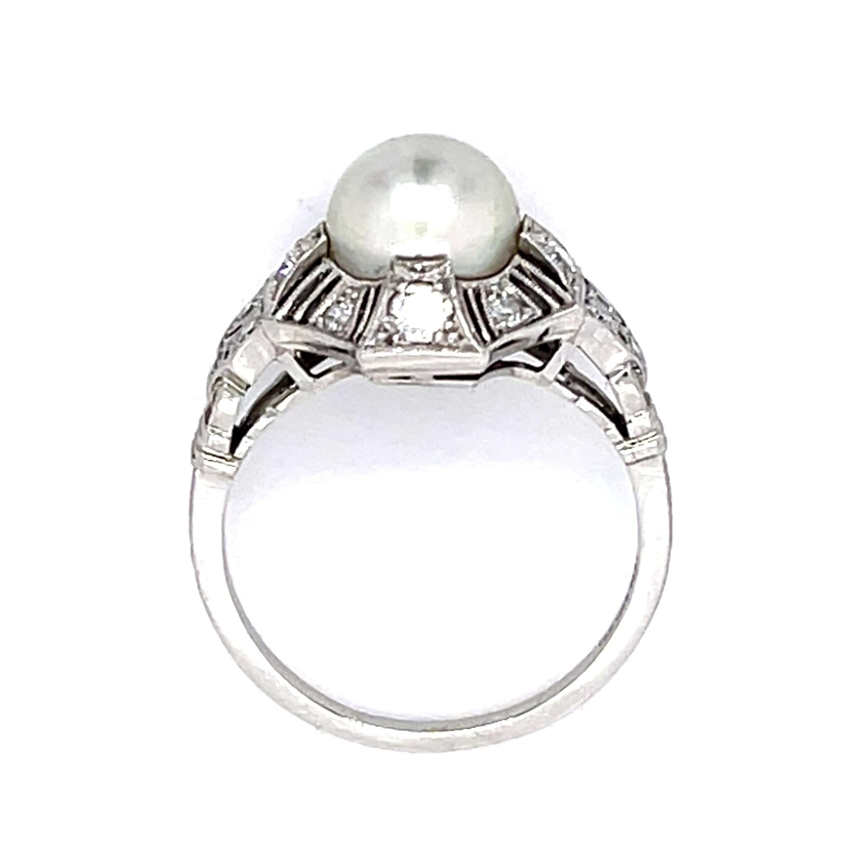 Original Art Deco 7.31mm Natural Pearl PT Ring (Antique 1920s) .26ct SD