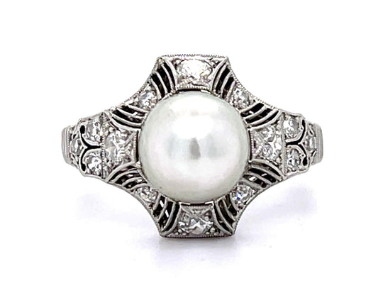 Original Art Deco 7.31mm Natural Pearl PT Ring (Antique 1920s) .26ct SD