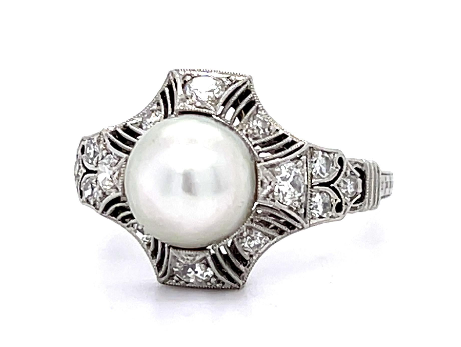Original Art Deco 7.31mm Natural Pearl PT Ring (Antique 1920s) .26ct SD