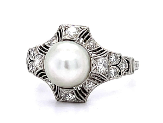 Original Art Deco 7.31mm Natural Pearl PT Ring (Antique 1920s) .26ct SD