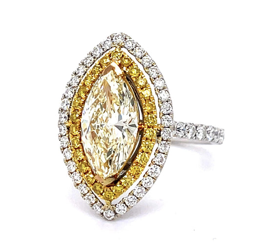 2.50ct Marquise Yellow Diamond 2.20ct Ring Side White Diamond .27ct Side Yellow