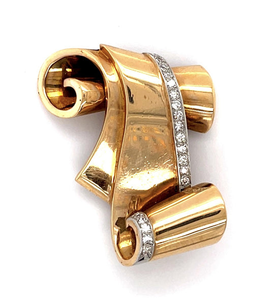 14KY Retro Scroll Pin/Brooch (Circa 1940s) .30ct Single-cut Diamonds