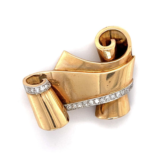 14KY Retro Scroll Pin/Brooch (Circa 1940s) .30ct Single-cut Diamonds