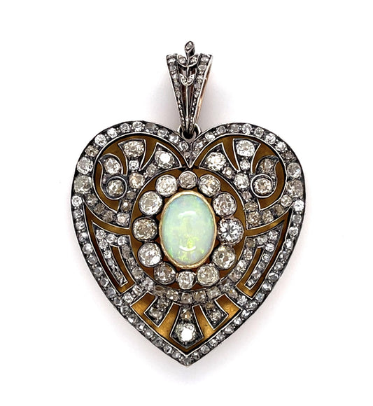 Victorian 4ct Opal 6ct Old Mine Diamond 14KY+Silver Pendant (Antique 1880s)