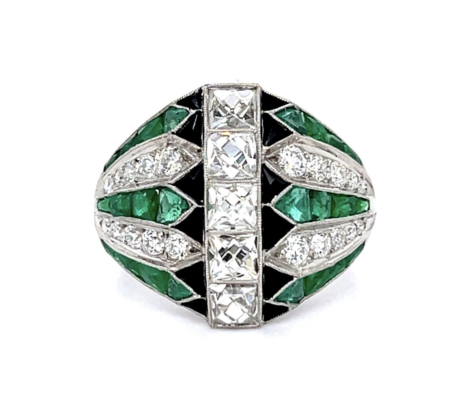 1.33ct (Five Antique French-Cut Center Diamonds) 2.79ct Emerald PT Ring .47ct SD