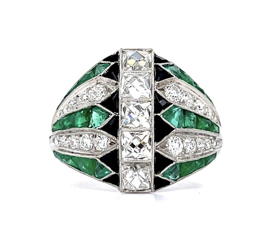 1.33ct (Five Antique French-Cut Center Diamonds) 2.79ct Emerald PT Ring .47ct SD