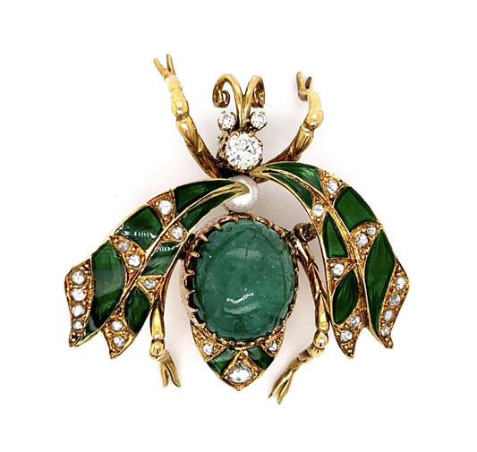 Original Victorian .40ct Old Euro Diamond 11ct Cab Emerald 18KY Brooch 1ct SD