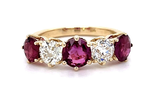 1.02ct Center Ruby .96ct Old Euro Diamond 14KY Five Stone Ring 1.29ct Side Ruby
