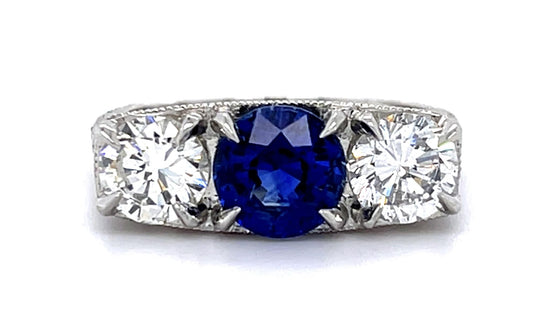 1.53ct Sapphire 1.36ct Diamond Platinum Hand Engraved Three Stone Ring