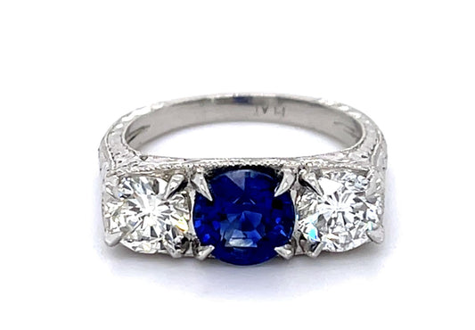 1.53ct Sapphire 1.36ct Diamond Platinum Hand Engraved Three Stone Ring