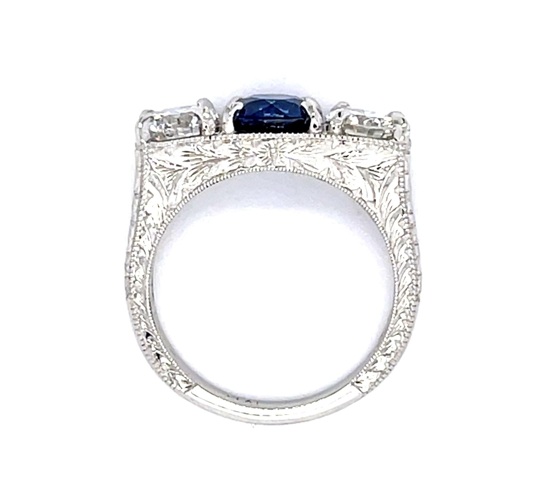 1.53ct Sapphire 1.36ct Diamond Platinum Hand Engraved Three Stone Ring