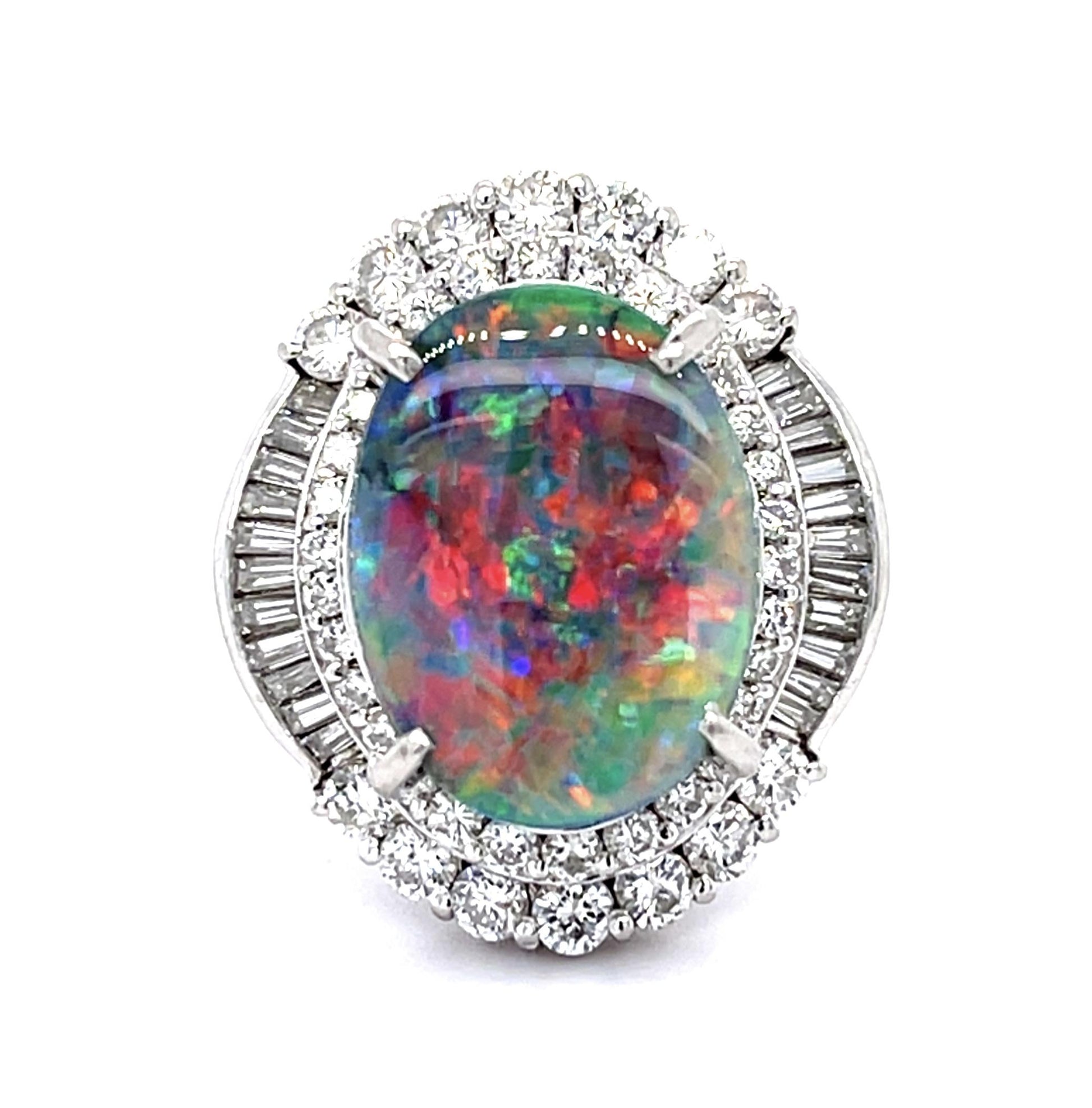 6.65ct Black Lightning Ridge Australian Opal 1.75ct Diamond Ballerina Ring