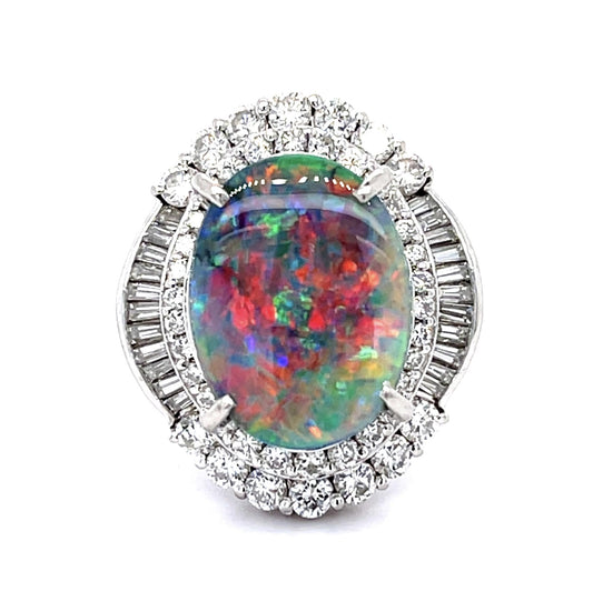 6.65ct Black Lightning Ridge Australian Opal 1.75ct Diamond Ballerina Ring